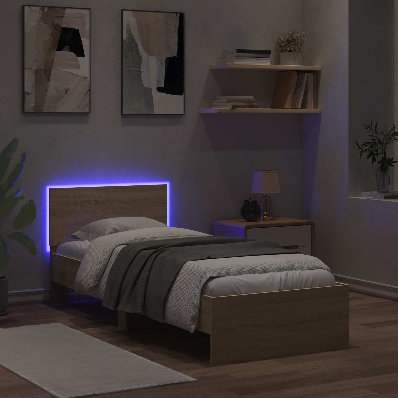 Rám Postele S Led Pásky S Čelo Dub Sonoma Kompozitní Dřevo