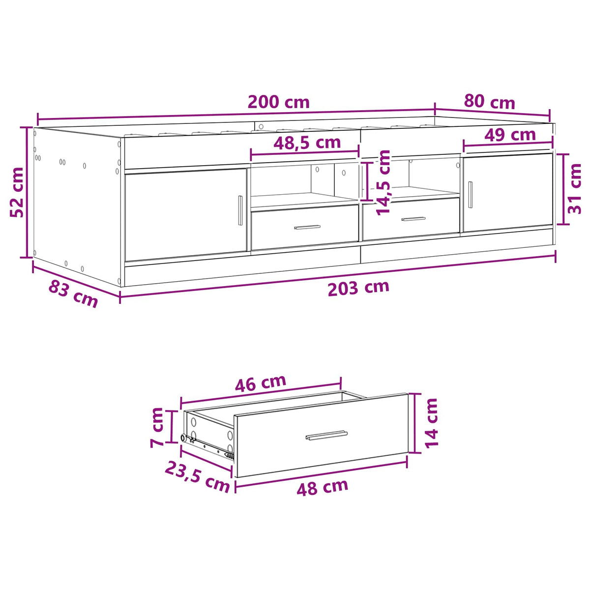 Rám Postele S Úložným Prostorem S Policí Černý Dub 80 X 200 Cm