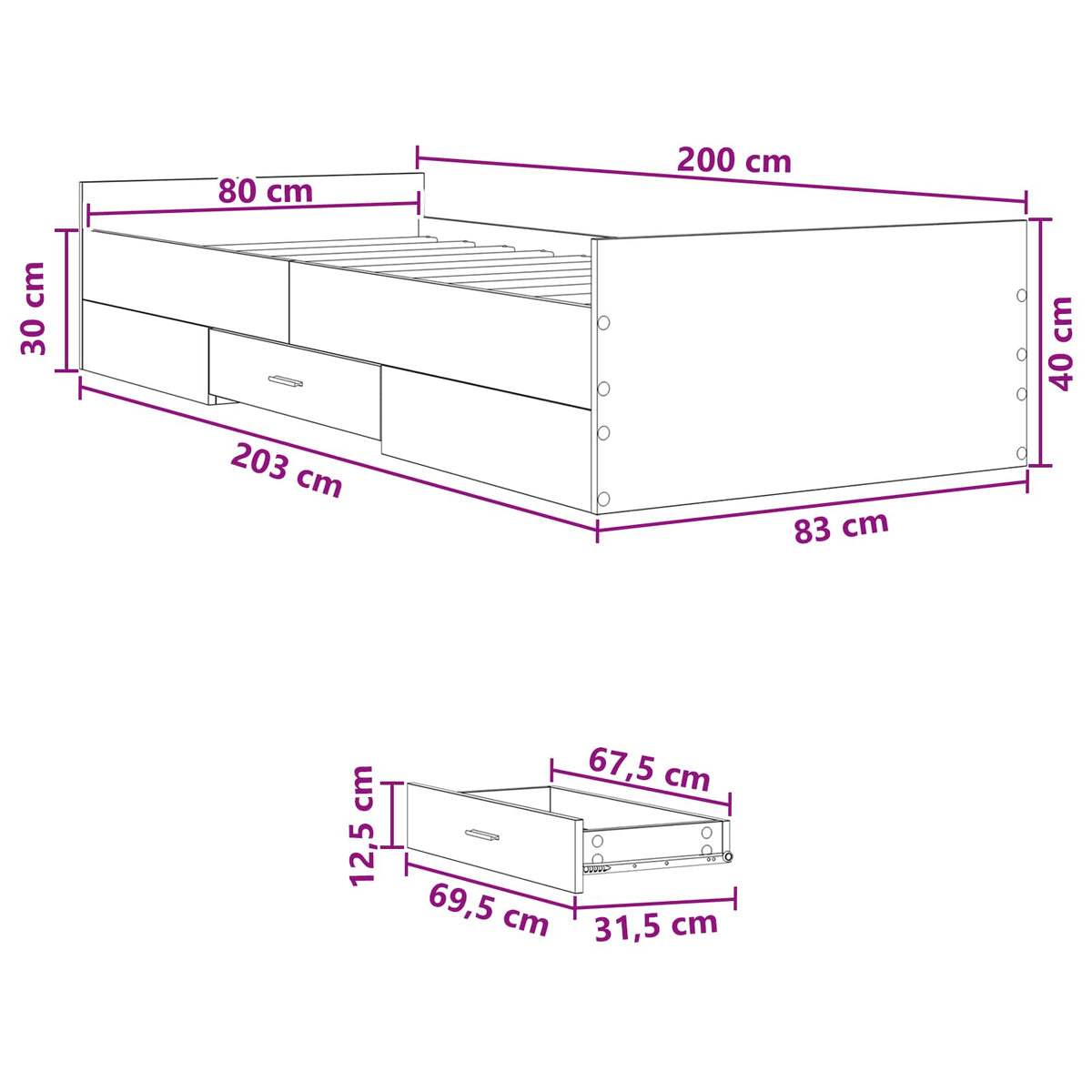 Rám Postele S Úložným Prostorem Se Zásuvkou Bílá 80 X 200 Cm