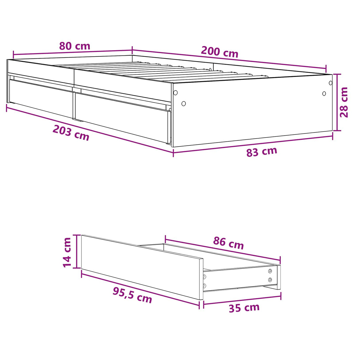 Rám Postele S Úložným Prostorem Se Zásuvkou Bílá 80 X 200 Cm