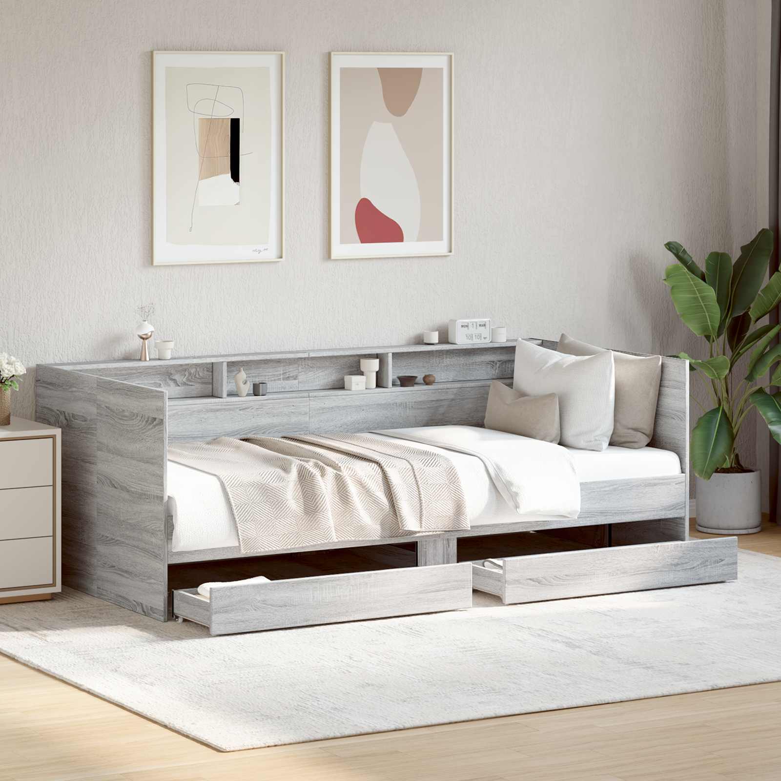 Daybed Se Zásuvkou S Policí S Čelo Šedý Sonoma Kompozitní Dřevo