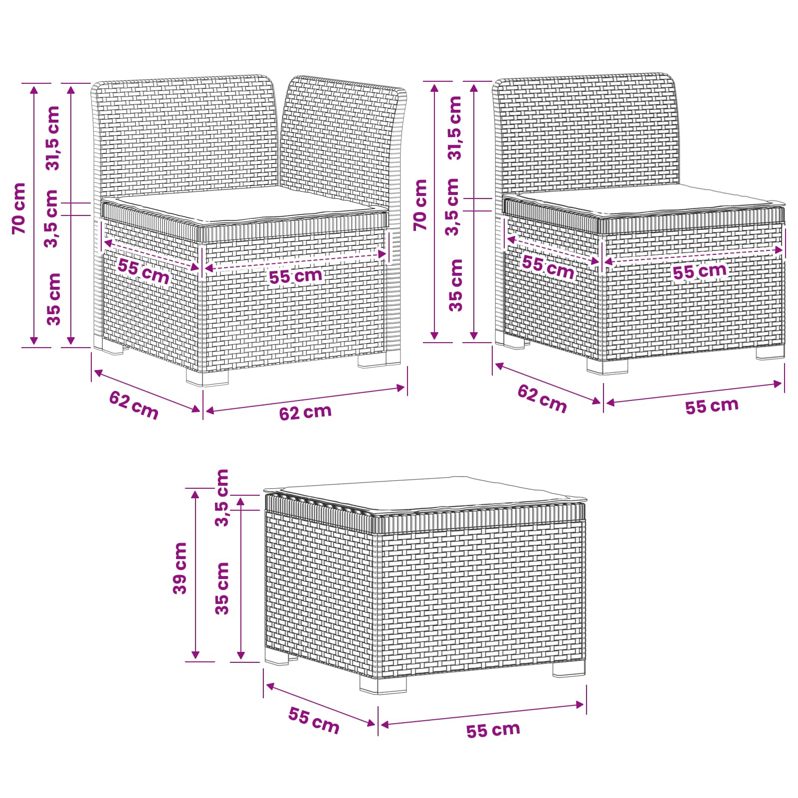 3-Místná Zahradní Pohovka S Polštáři Ve Vzhledu Ratanu Pp Bílá