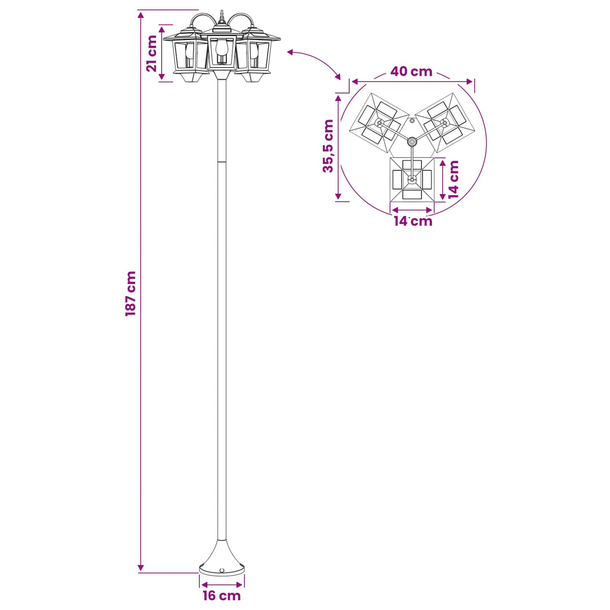 Lampa Se 3 Hlavami Černá 16 X 16 X 187 Cm Hliník A Abs