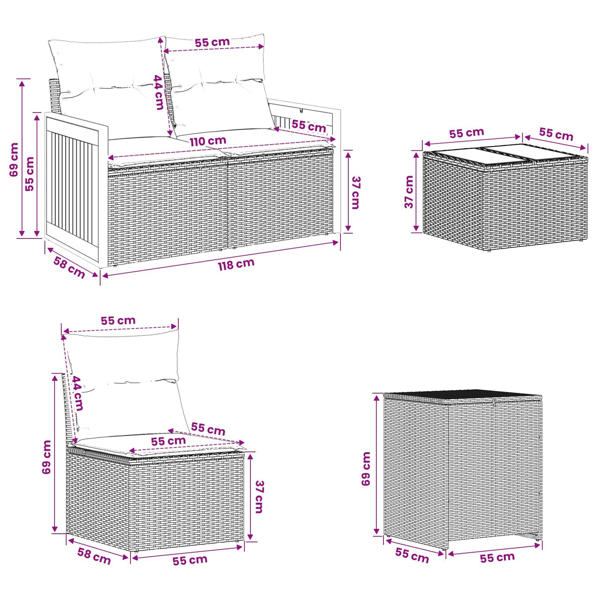 Set Pohovek 6 Ks Poly Ratan A Ocel