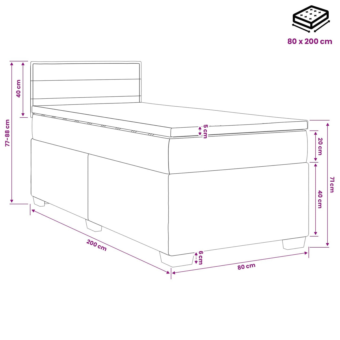 Postel Boxspring S Matrací S Čelo Černá 80 X 200 Cm Textil