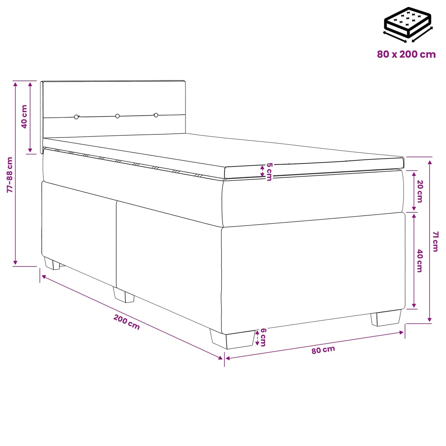 Postel Boxspring S Matrací S Čelo Tmavě Šedá 80 X 200 Cm Textil