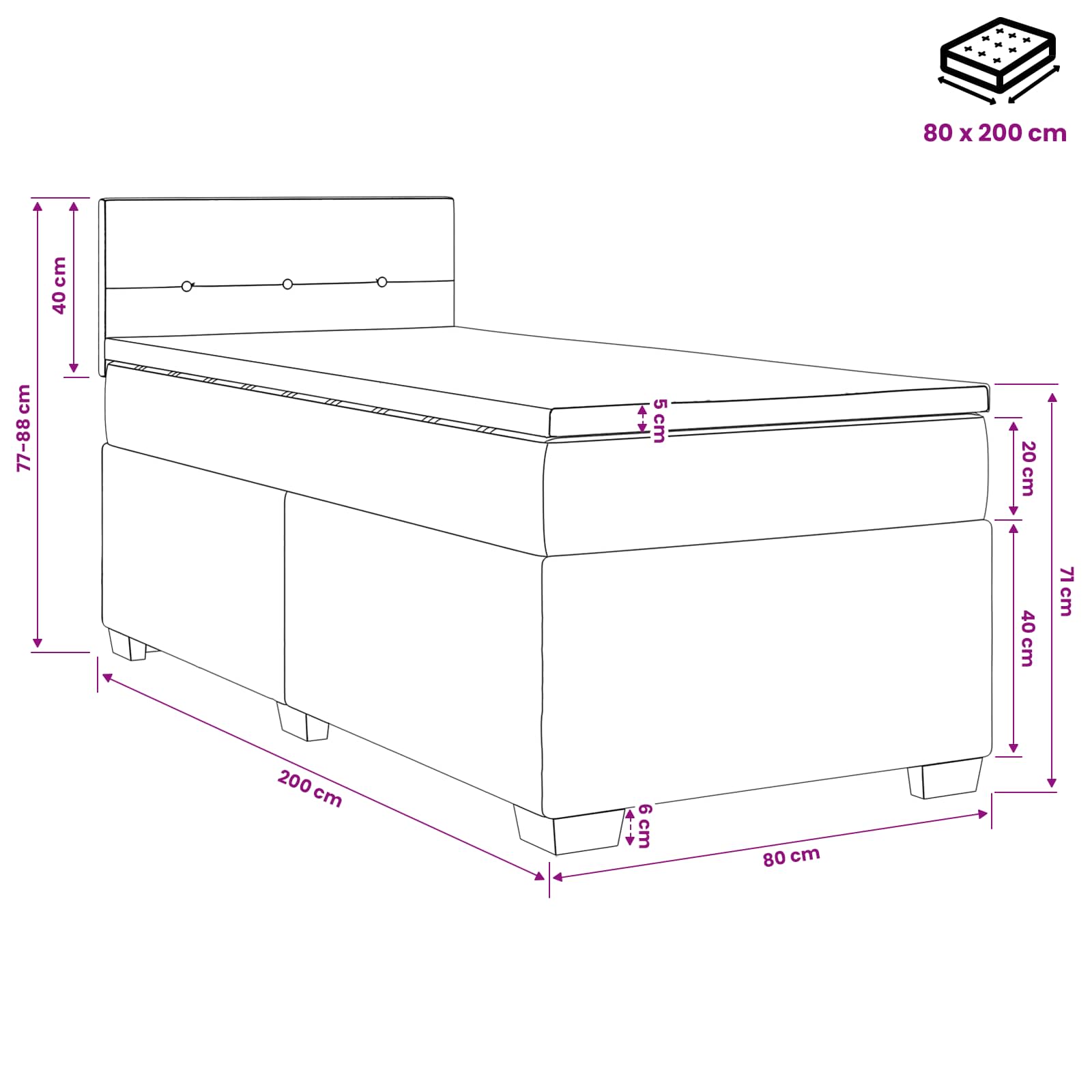 Postel Boxspring S Matrací S Čelo Tmavě Šedá 80 X 200 Cm Textil