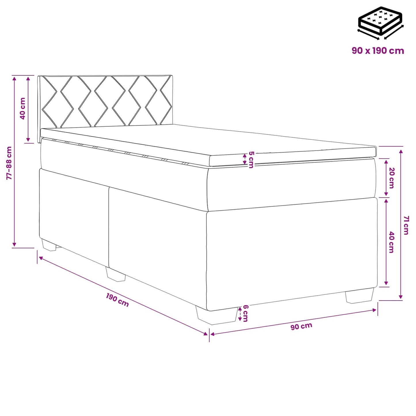 Postel Boxspring S Matrací S Čelo Tmavě Šedá 90 X 190 Cm Textil