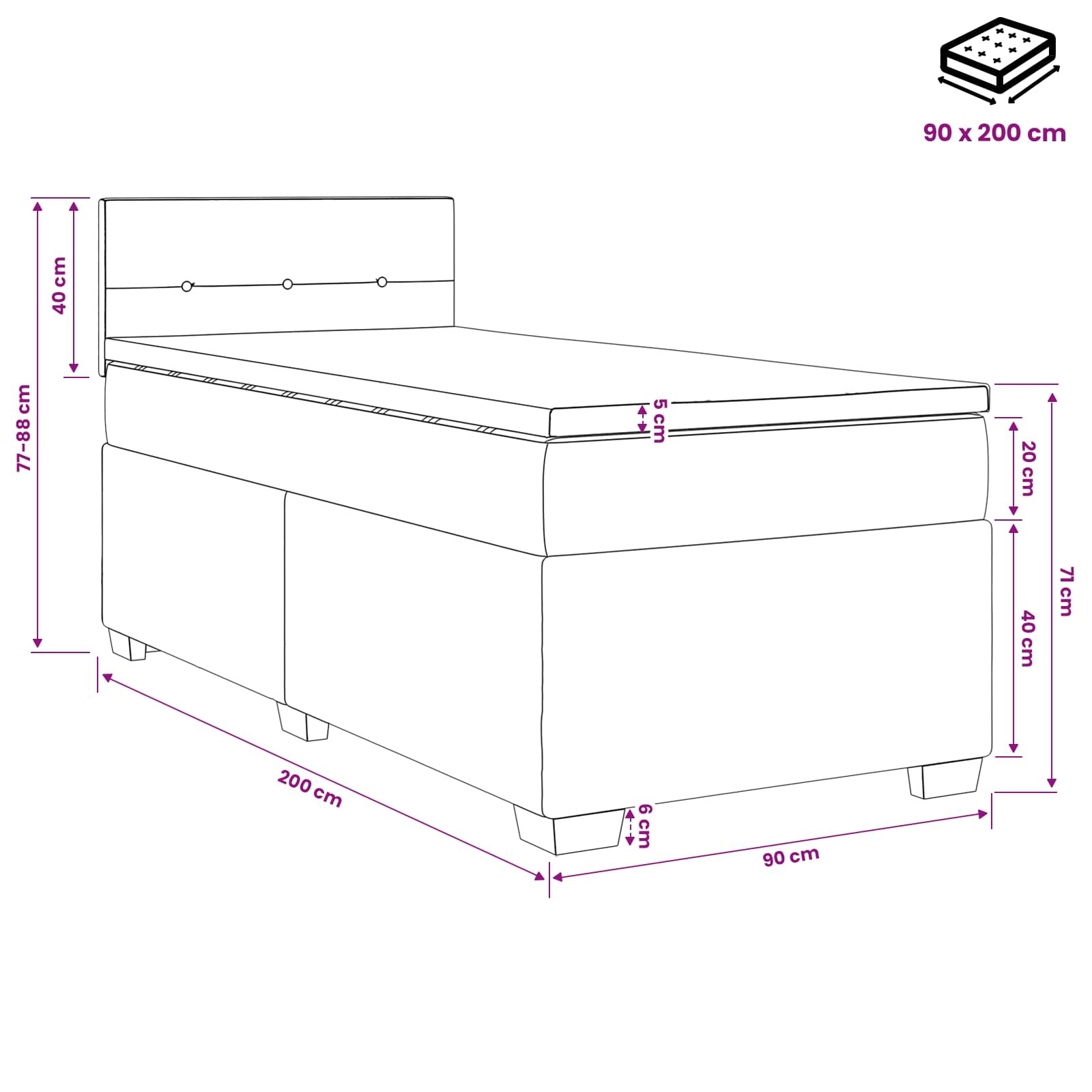 Postel Boxspring S Matrací S Čelo Modrá 90 X 200 Cm Textil