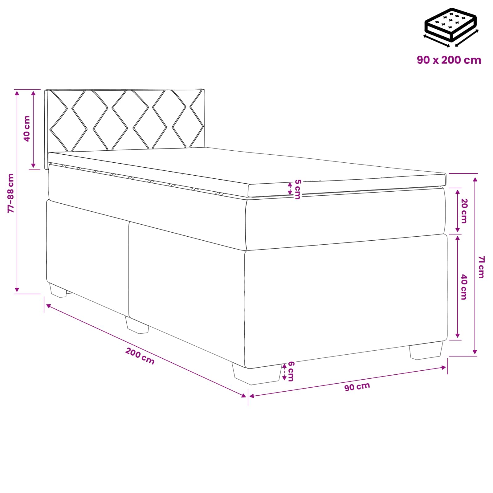 Postel Boxspring S Matrací S Čelo Tmavě Šedá 90 X 200 Cm Textil