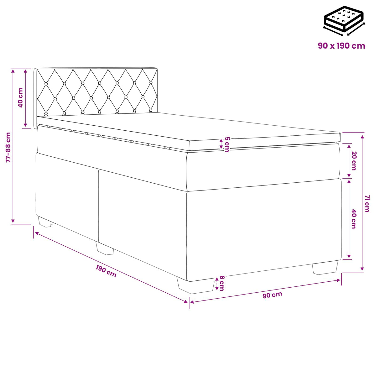 Postel Boxspring S Matrací S Čelo 90 X 190 Cm Samet