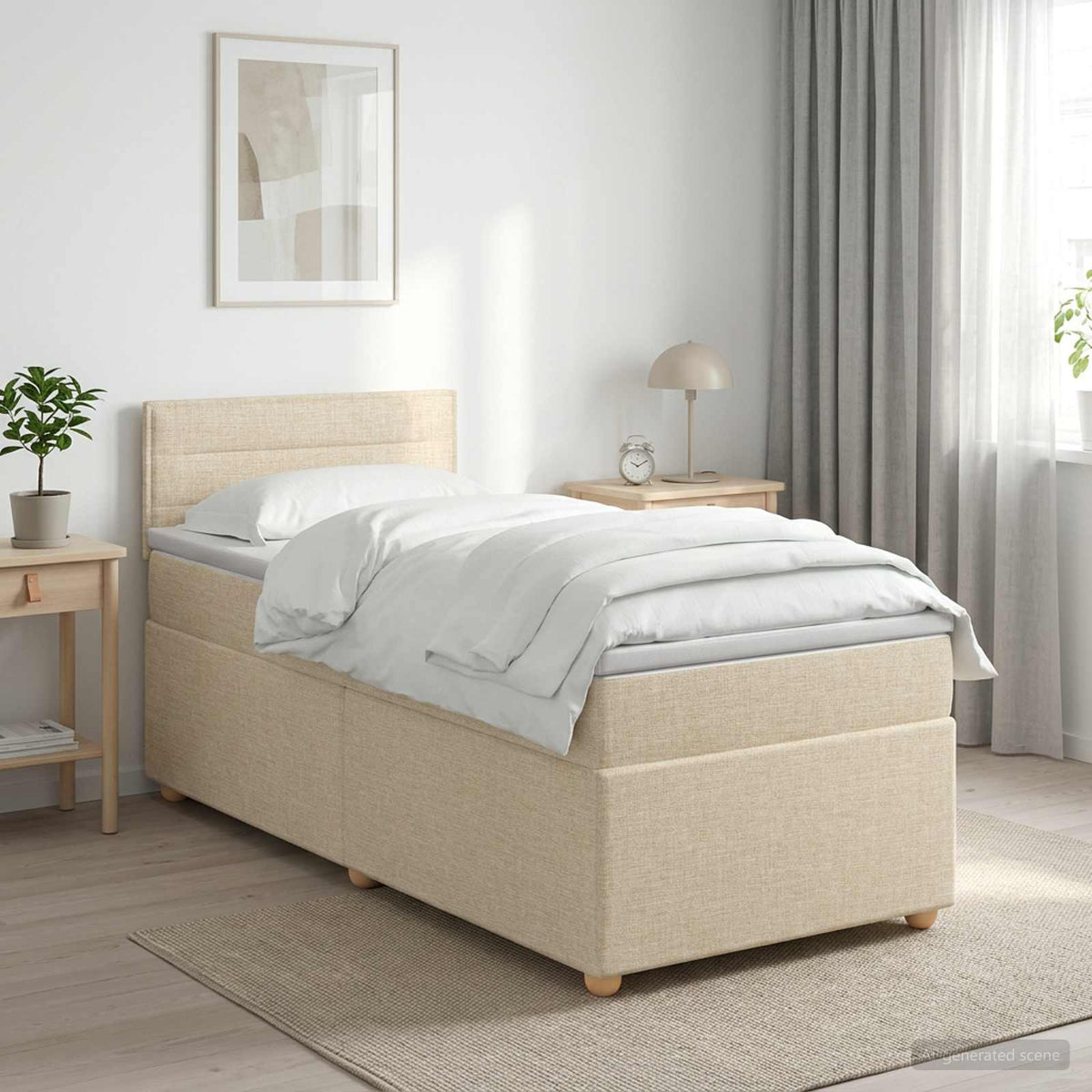 Postel Boxspring S Matrací S Čelo Krémová 90 X 200 Cm Textil