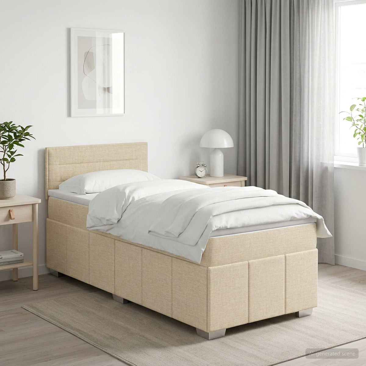 Postel Boxspring S Matrací S Čelo Krémová 90 X 200 Cm Textil