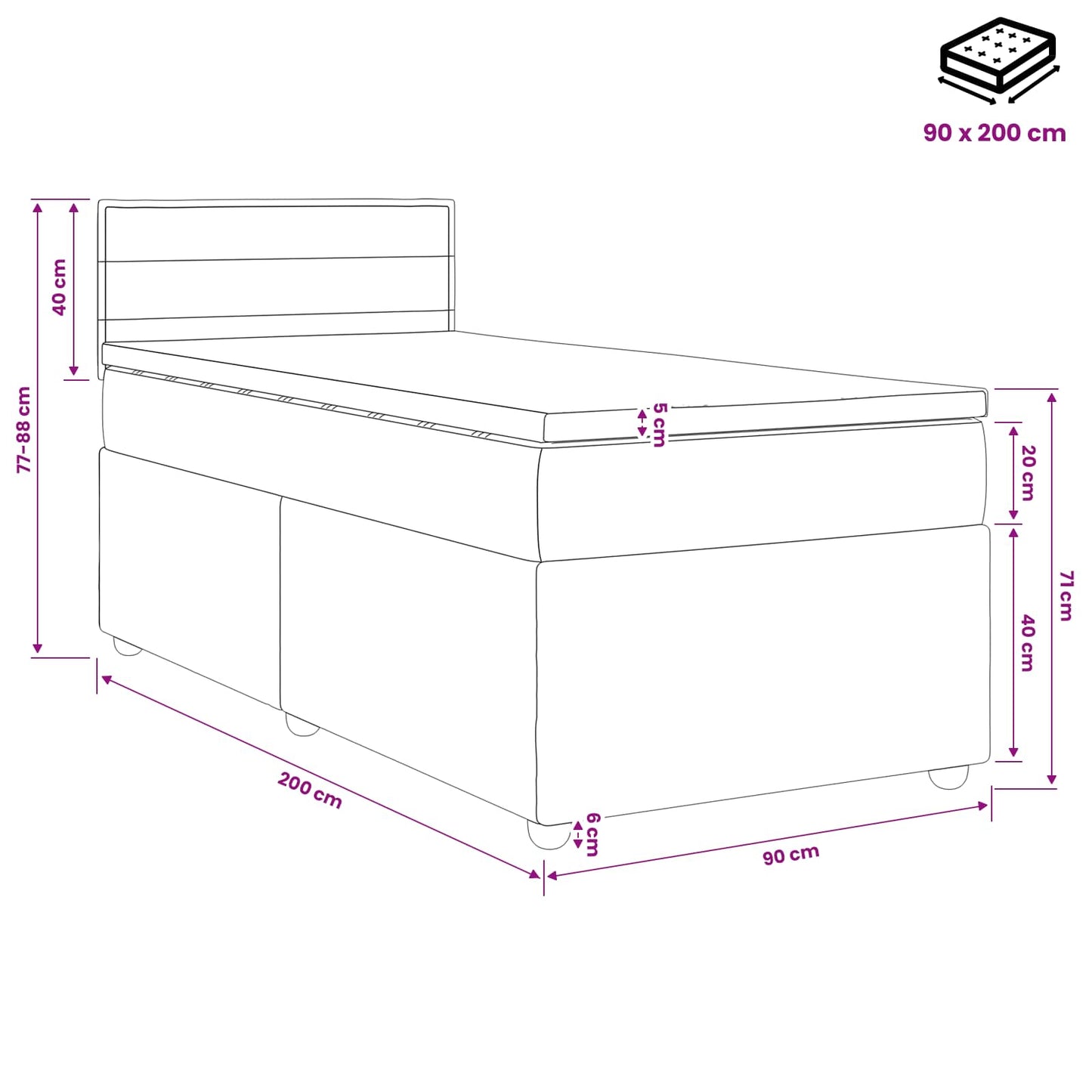 Postel Boxspring S Matrací S Čelo Tmavě Šedá 90 X 200 Cm Textil