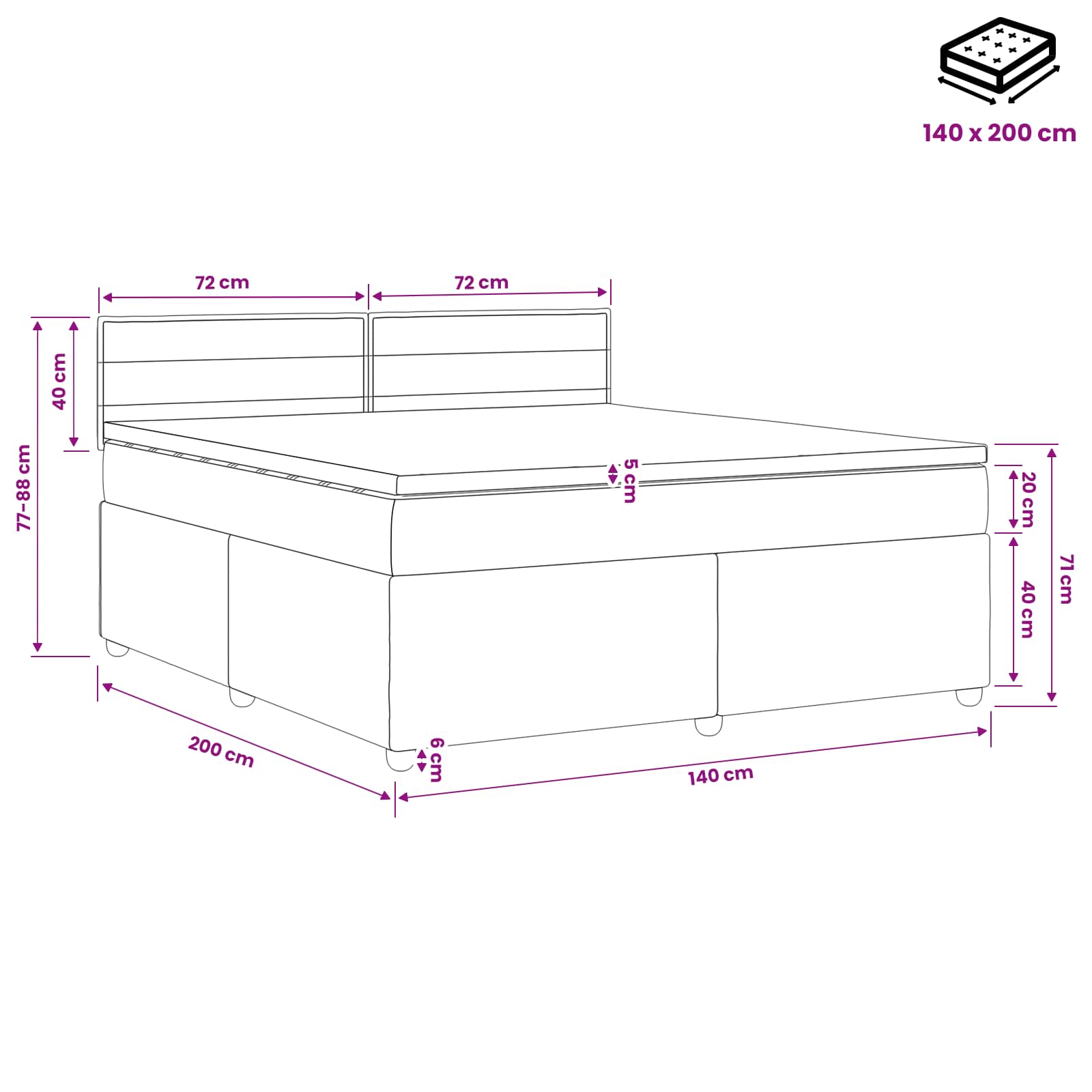 Postel Boxspring S Matrací S Čelo Černá 140 X 200 Cm Textil