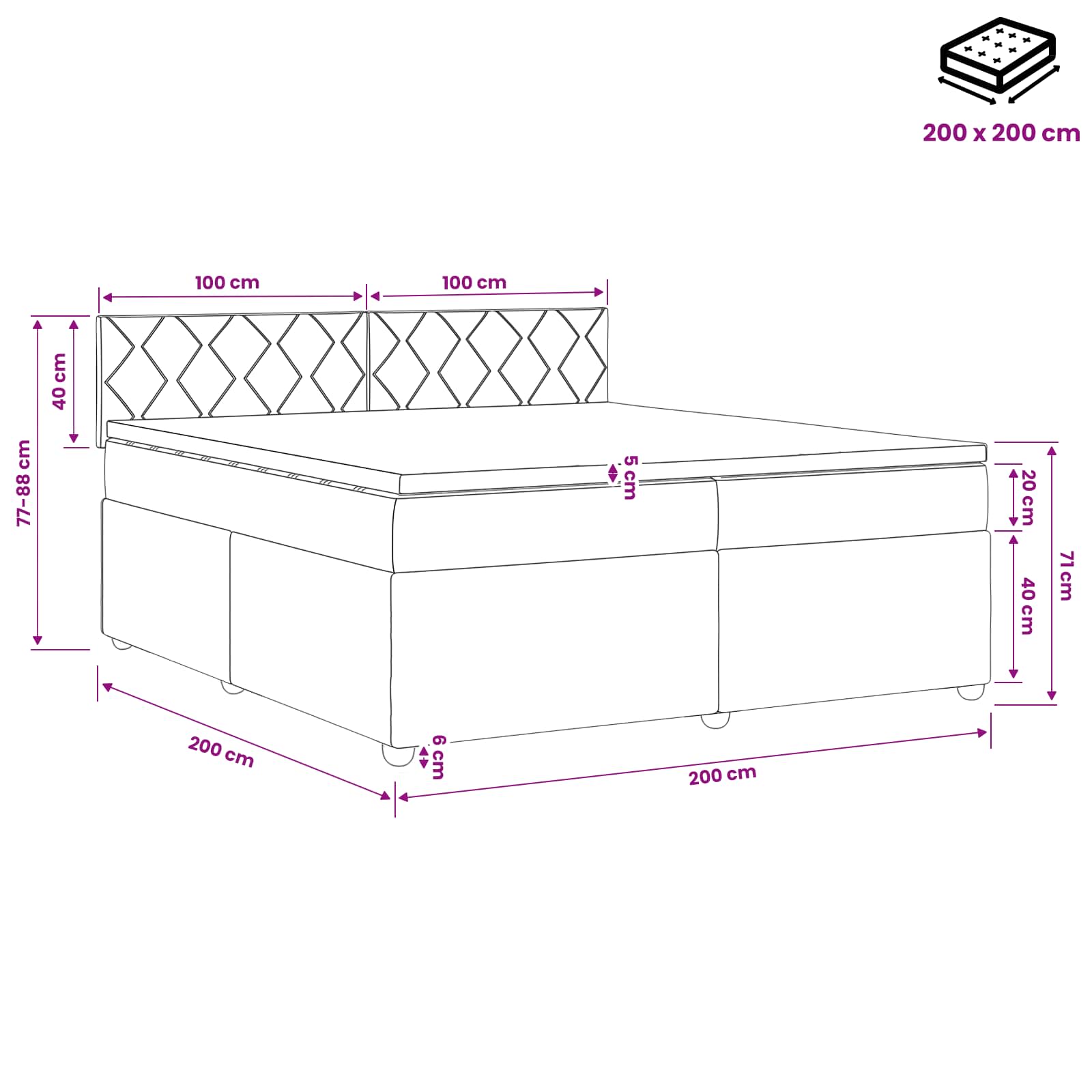Postel Boxspring S Matrací S Čelo Černá 200 X 200 Cm Textil