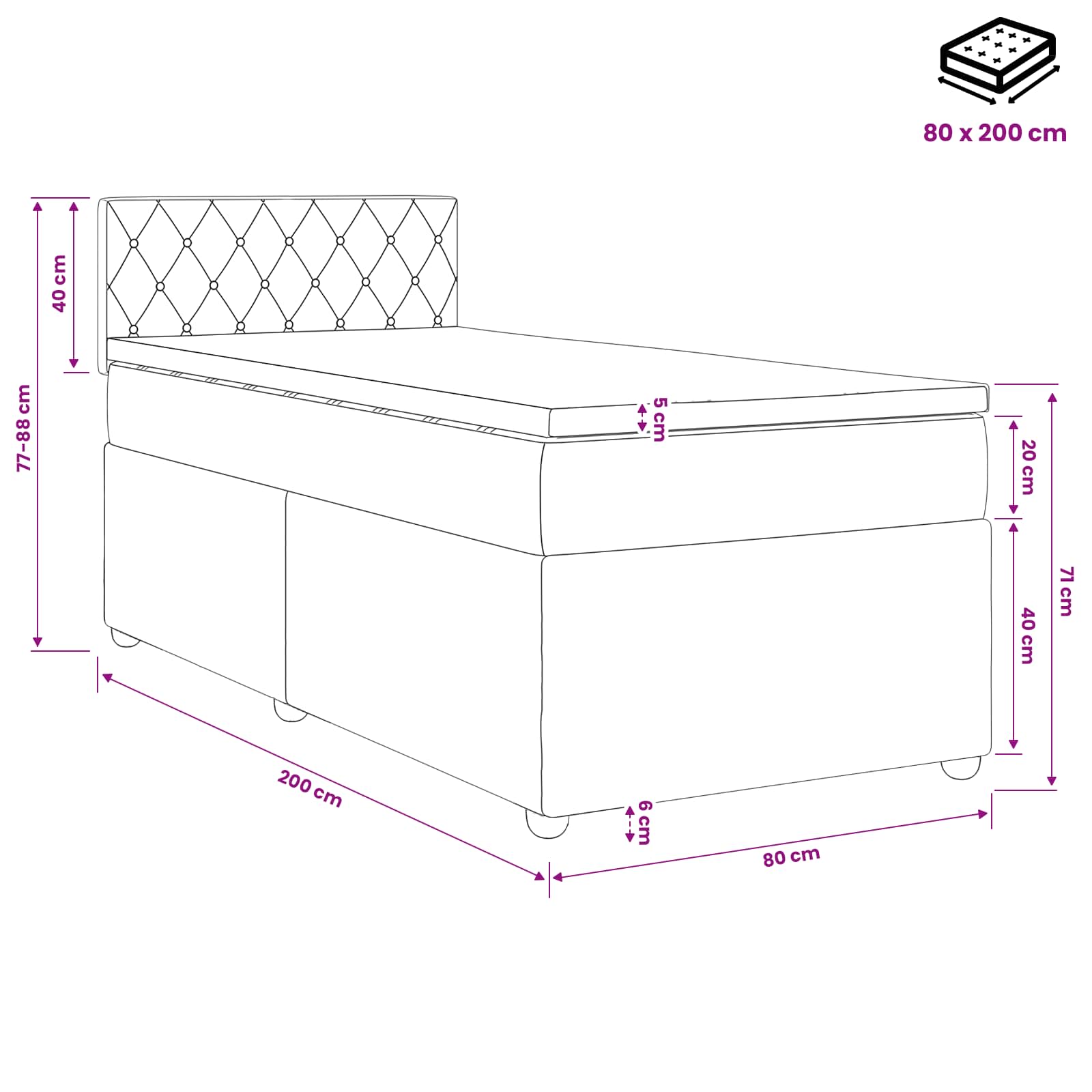 Postel Boxspring S Matrací S Čelo Černá 80 X 200 Cm Samet