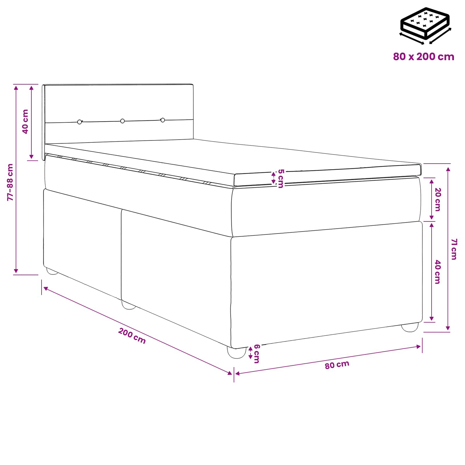 Postel Boxspring S Matrací S Čelo Černá 80 X 200 Cm Samet