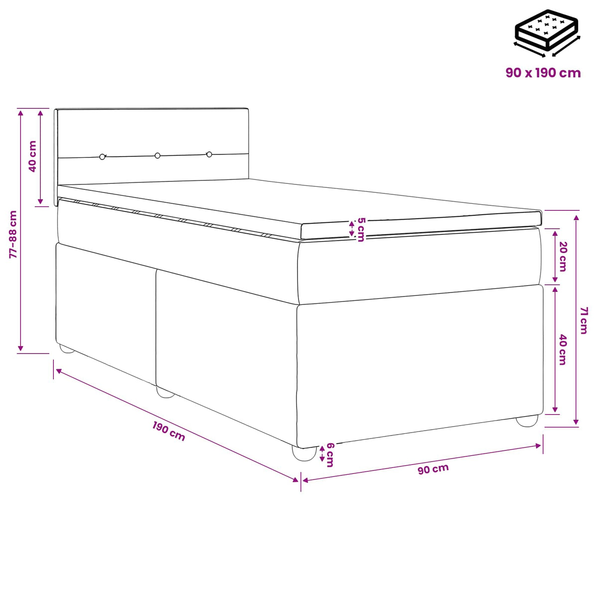 Postel Boxspring S Matrací 90 X 190 Cm Textil