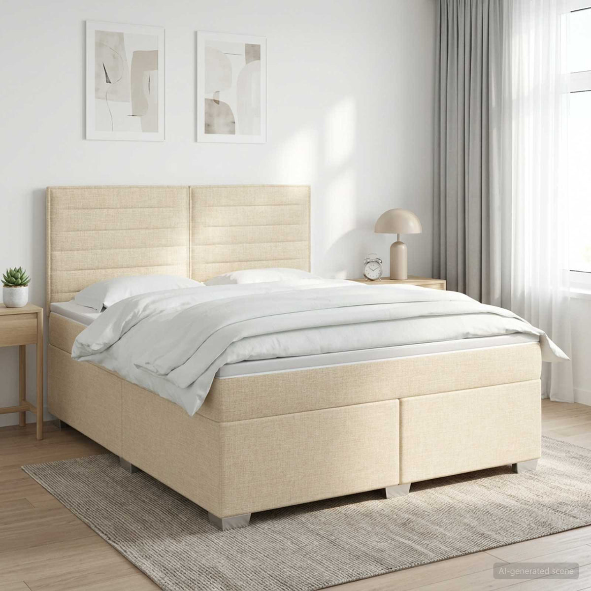 Postel Boxspring S Matrací Krémová 140 X 200 Cm Textil
