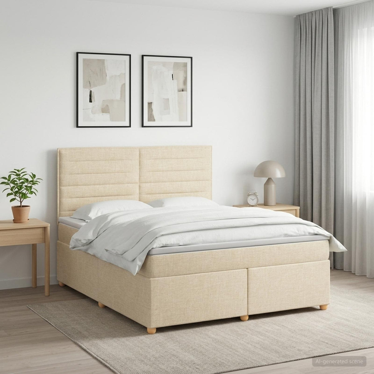 Postel Boxspring S Matrací S Čelo Krémová 140 X 190 Cm Textil