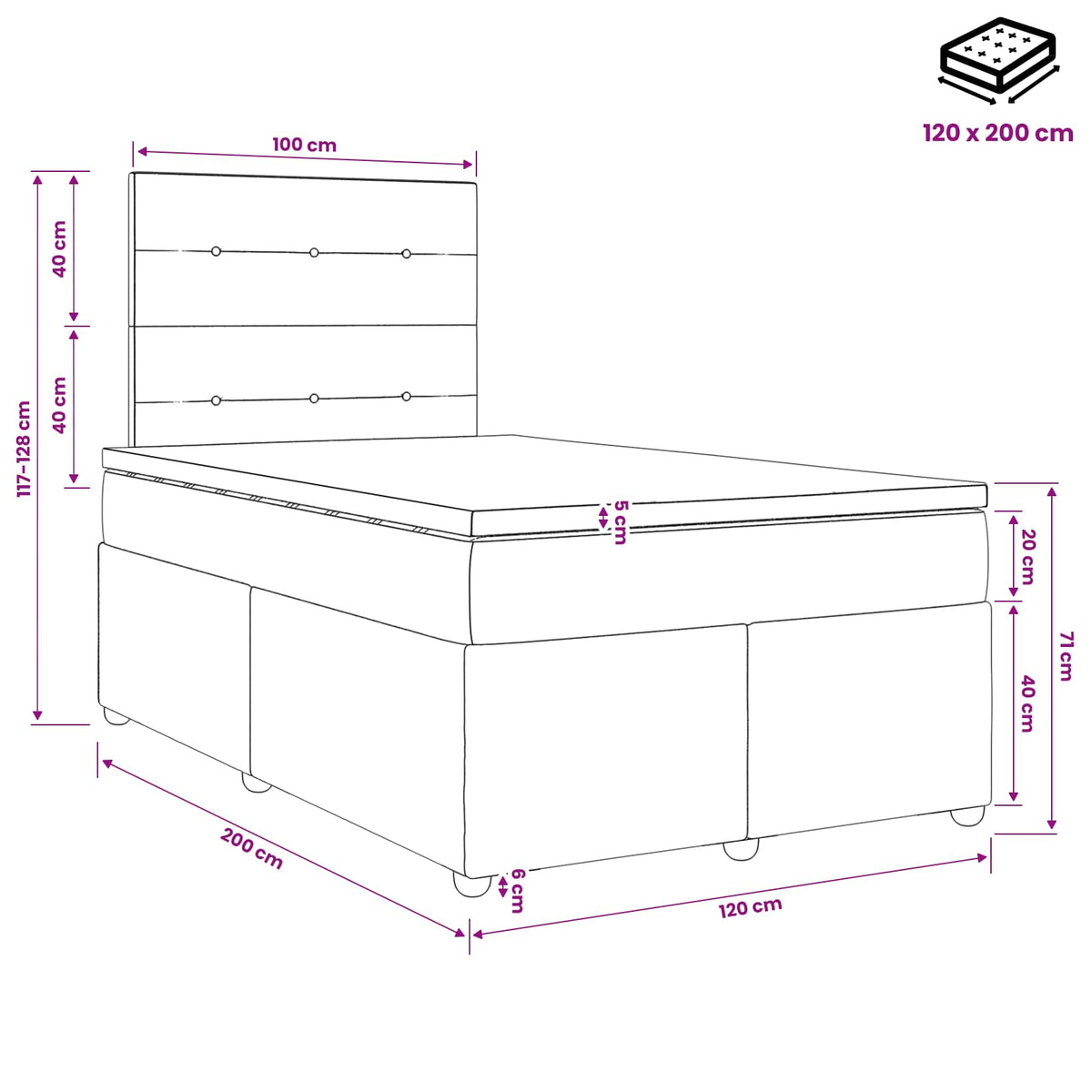 Postel Boxspring S Matrací S Čelo Černá 120 X 200 Cm Samet