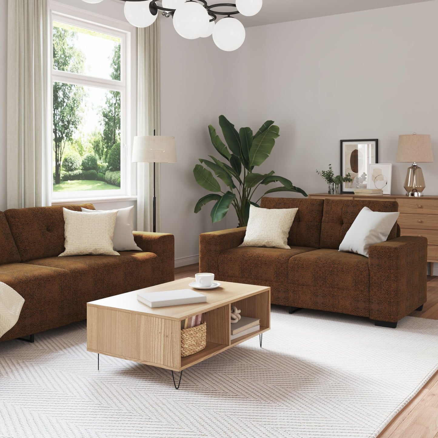 Set 2 Hnědá Látka, Dřevo Velká Stylová Pohovka Obdélníková