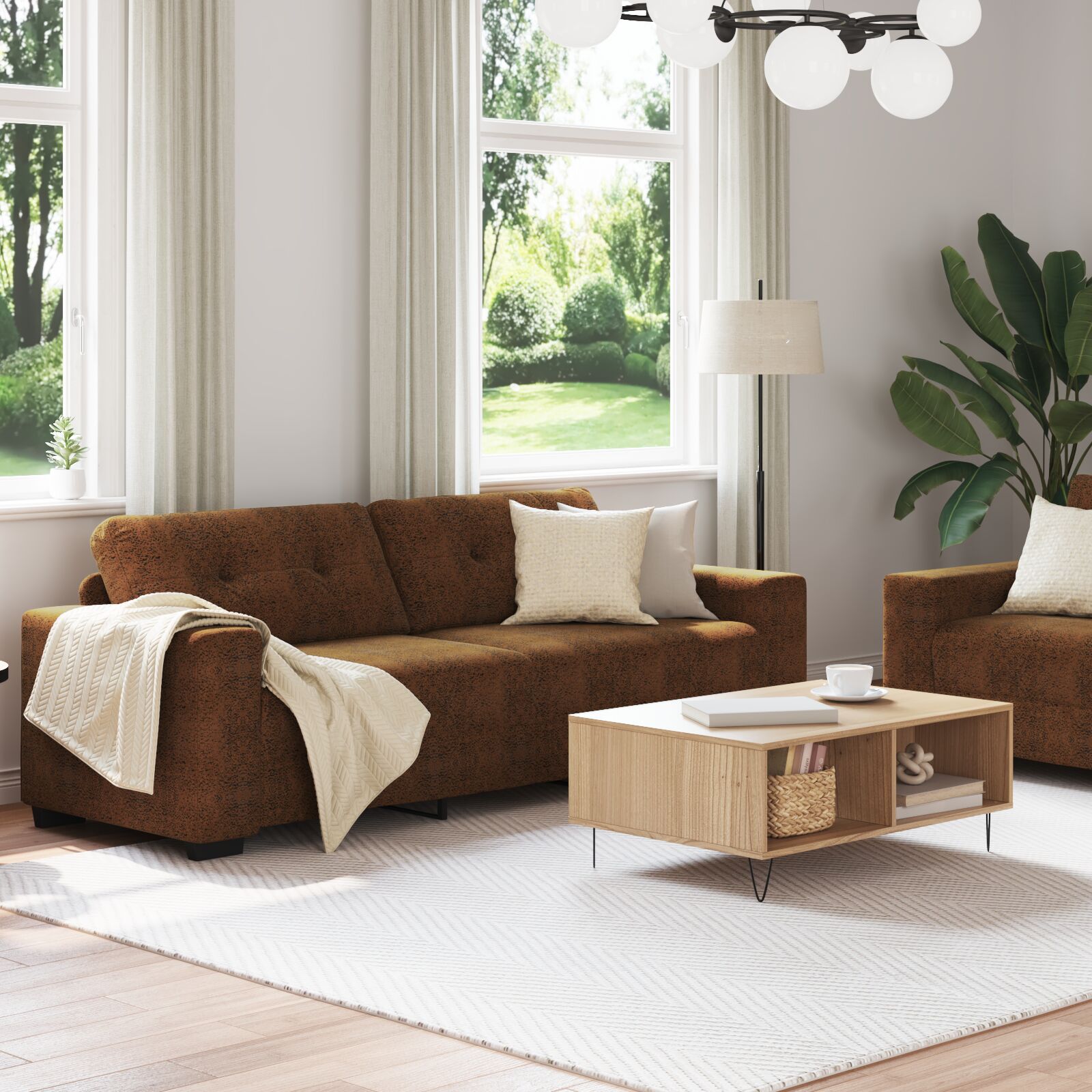 Set 2 Hnědá Látka, Dřevo Velká Stylová Pohovka Obdélníková