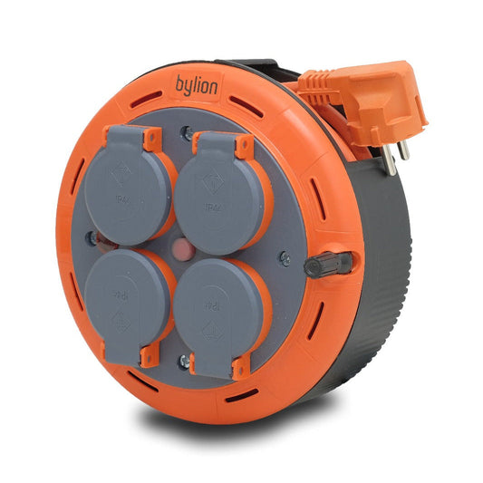 IP44 Kompaktní kazetový rolovací prodlužovací kabelový, 5m kabel se 4 zásuvkami + tepelná / dětská pojistka, 3x1mm2, SCHUKO typ uzemnění, PHP-05310-F