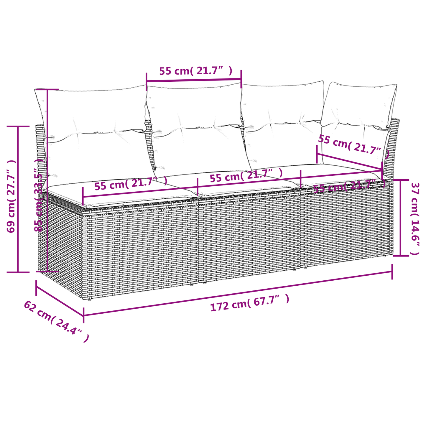 | Zahradní Sofa | S Polštářem Hnědá 172 X 62 X 69 Cm Poly Ratan