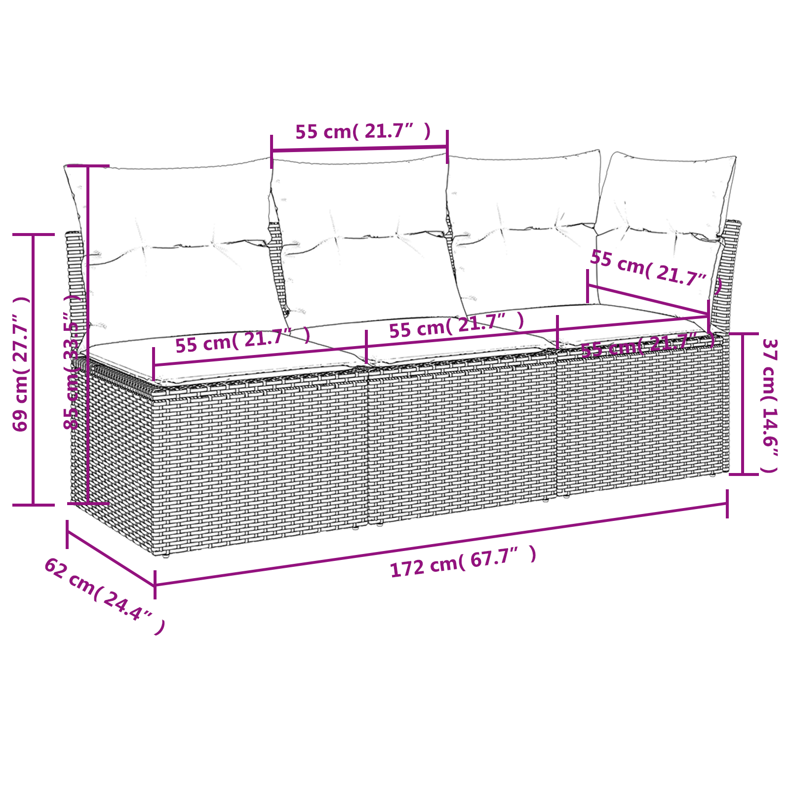 | Zahradní Sofa | S Polštářem Hnědá 172 X 62 X 69 Cm Poly Ratan
