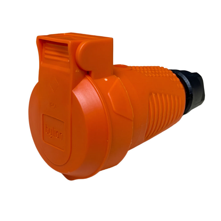 Oranžová hermetický gumová zásuvka IP54 s klapkou 2P+Z 16A 250V SCHUKO RDP-O-F Bylion