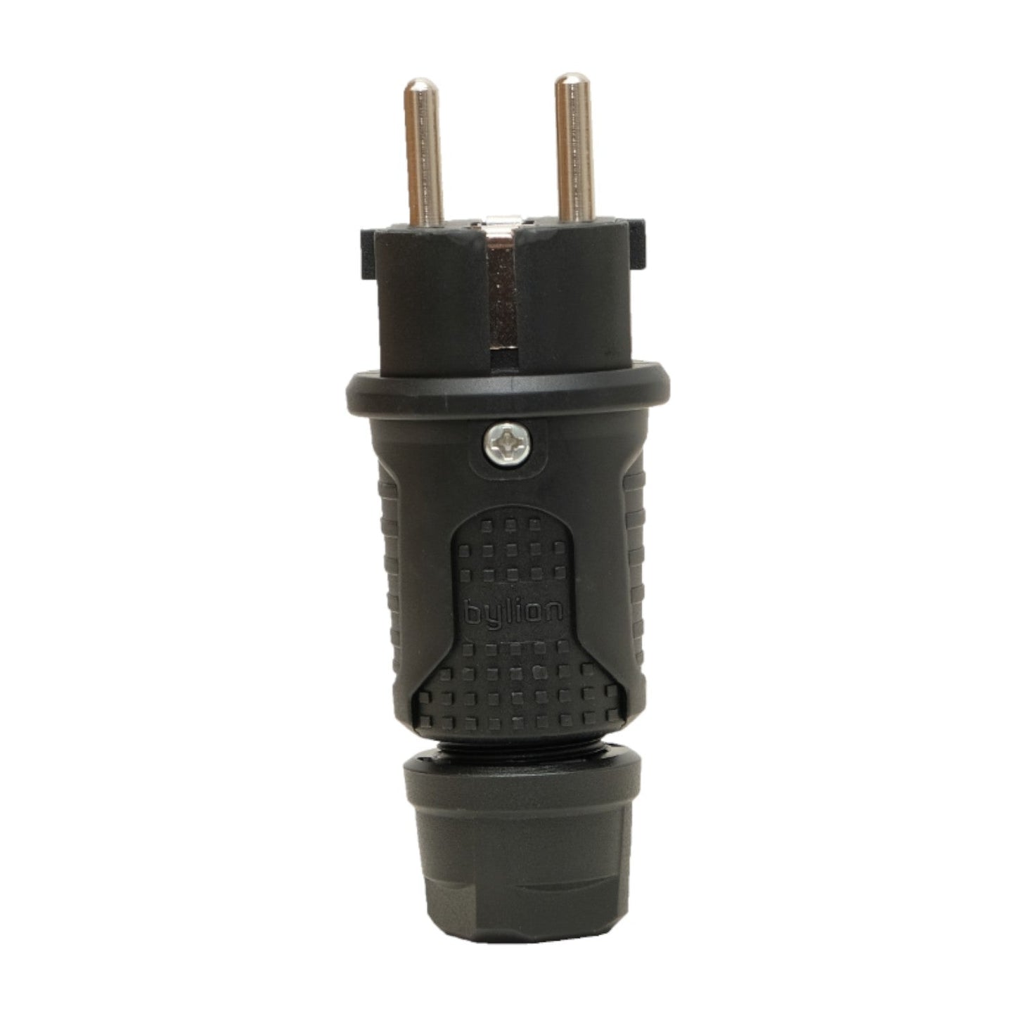 Černá gumová zástrčka IP54, 250v 16a na kabel, Uni-Schuko (dvojité uzemnění), 2P+E, REF, Bylion