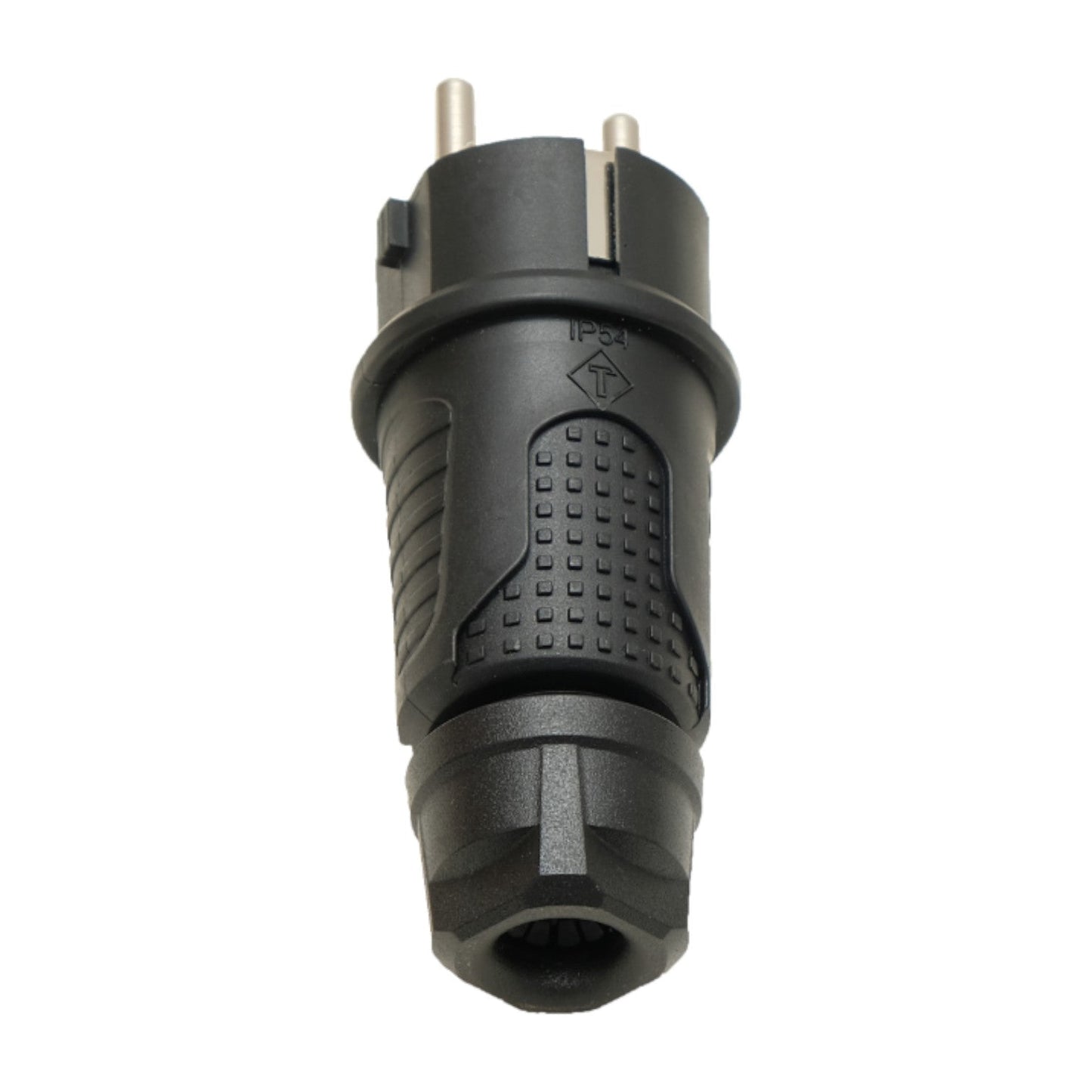 Černá gumová zástrčka IP54, 250v 16a na kabel, Uni-Schuko (dvojité uzemnění), 2P+E, REF, Bylion