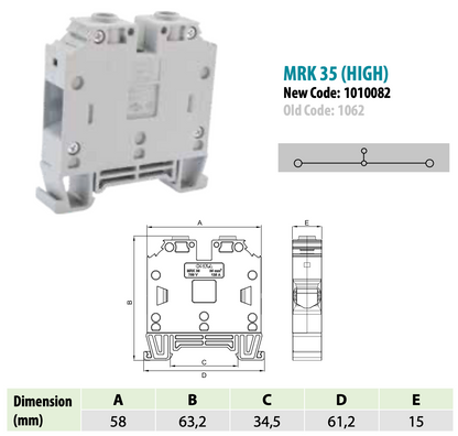 ONKA 35mm2 Šroubová kolejnicová spojka svorkovnice Terminál na DIN lištu 2-vodičová šedá, 1010082