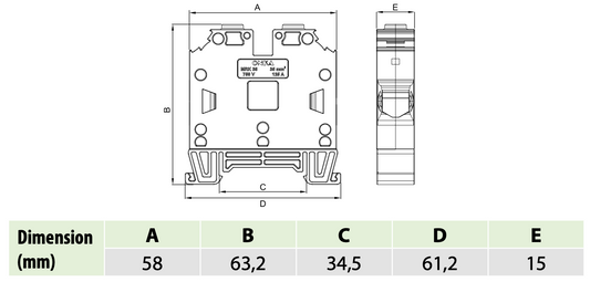 ONKA 35mm2 Šroubová kolejnicová spojka svorkovnice Terminál na DIN lištu 2-vodičová modrá, 1010085