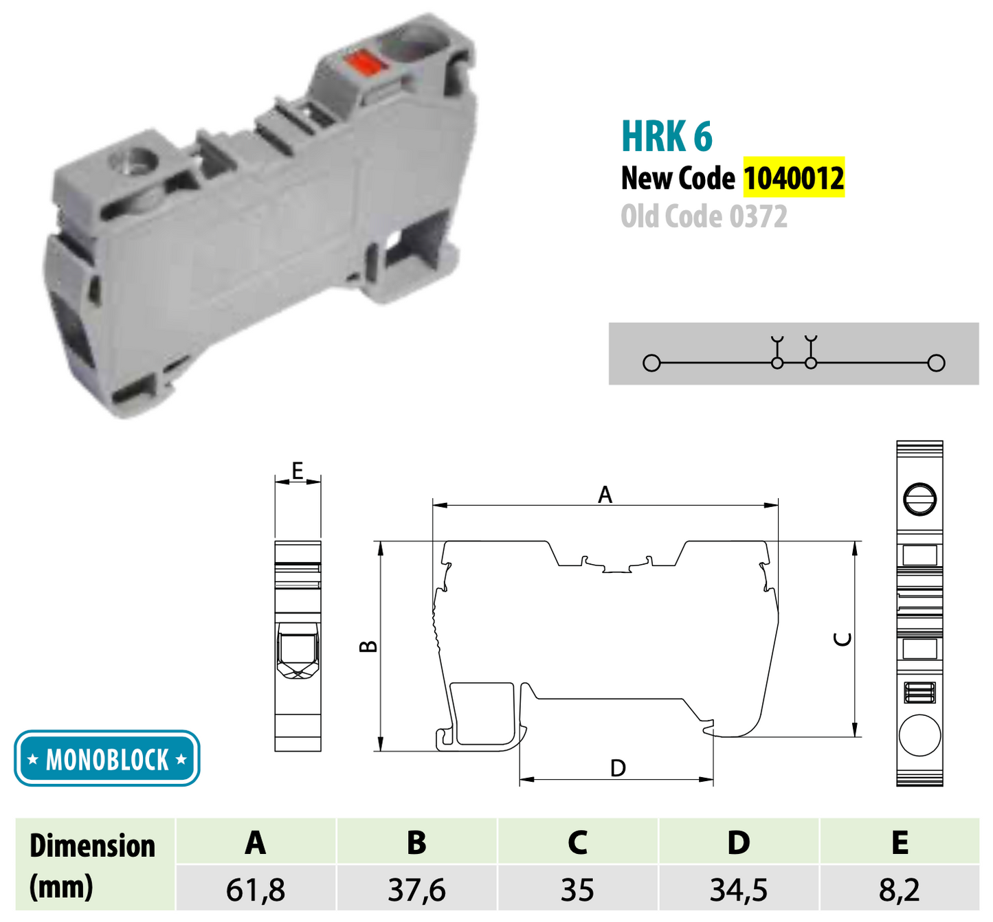 ONKA 6mm2 Hybridná Šroubová / pružinová kolejnicová spojka svorkovnice Terminál na DIN lištu 2-vodičová šedá, 1040012