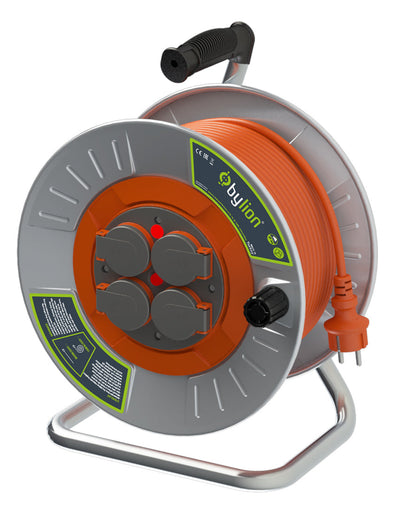Profesionalní kovový naviják s měděným kabelem 3x2,5 mm2, IP44 s ochranou proti přetížení, proud 16 A typ Francouzský se 4 zásuvky, délka 50M, barva kabelu: oranžová