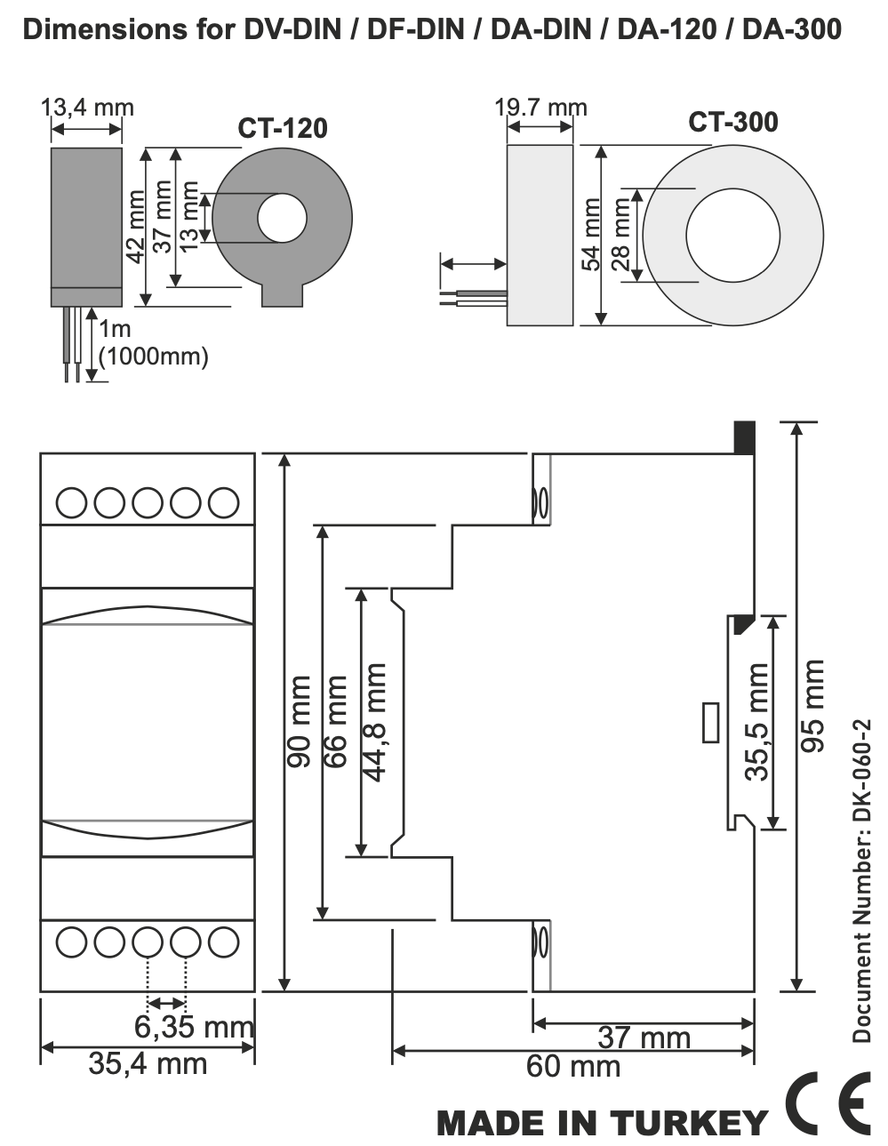DA-DIN Ampérmetr digitální pro AC střídavé proudy 100 nebo 250 ampérů