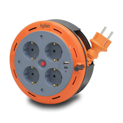 Kompaktní kazetový rolovací prodlužovací kabelový, 5m kabel se 4 zásuvkami IP20 + USB + tepelná pojistka +dětská pojistka, 3x1mm2, SCHUKO typ uzemnění , PHE-05310-F-USB