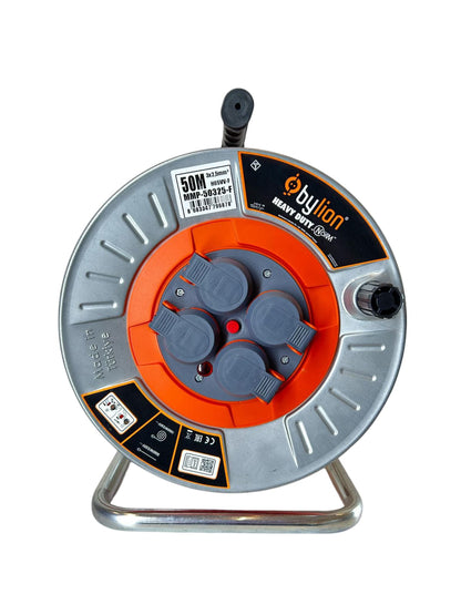 Profesionalní kovový naviják s měděným kabelem 3x2,5 mm2, IP44 s ochranou proti přetížení, proud 16 A typ Francouzský se 4 zásuvky, délka 50M, barva kabelu: oranžová