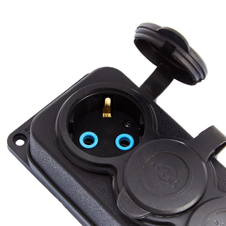 4x gumová zásuvka "gumová" černá s víkem hermetický IP44, 250V, 16A, SCHUKO 2P+Z, 4KMP-F, Bylion