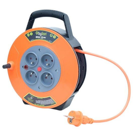 Kompaktní rolovací prodlužovací kabelový naviják/ kabelový buben, 10m kabel se 4 zásuvkami IP20 + tepelná pojistk