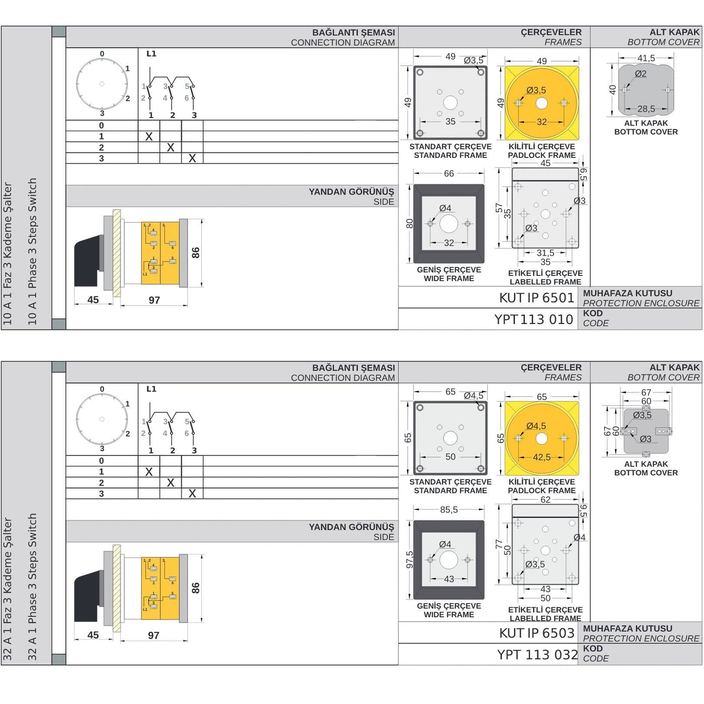 Krokový spínač 0-1-2-3 stupňový otočný přepínač , 1-2 póly, 10-160A