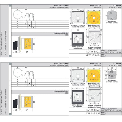 Krokový spínač 0-1-2-3 stupňový otočný přepínač , 1-2 póly, 10-160A