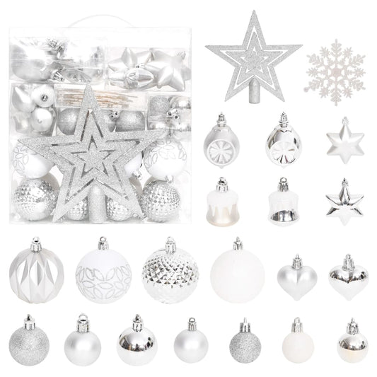 70dílná sada vánočních ozdob stříbrná a bílá