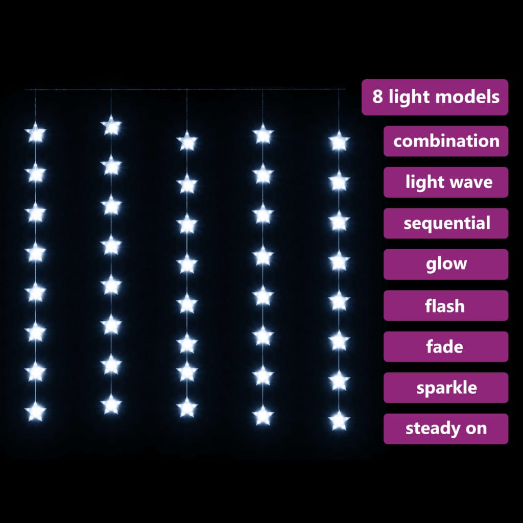 Světelný závěs hvězdičky 200 LED studené bílé světlo 8 funkcí