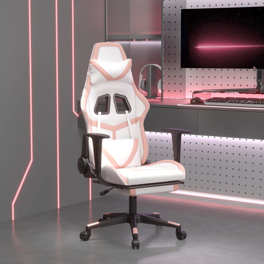 Masážní herní židle s podnožkou bílá a růžová umělá kůže