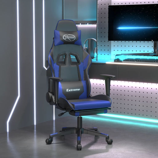 Masážní herní židle s podnožkou černá a modrá umělá kůže