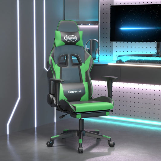 Masážní herní židle s podnožkou černá a zelená umělá kůže